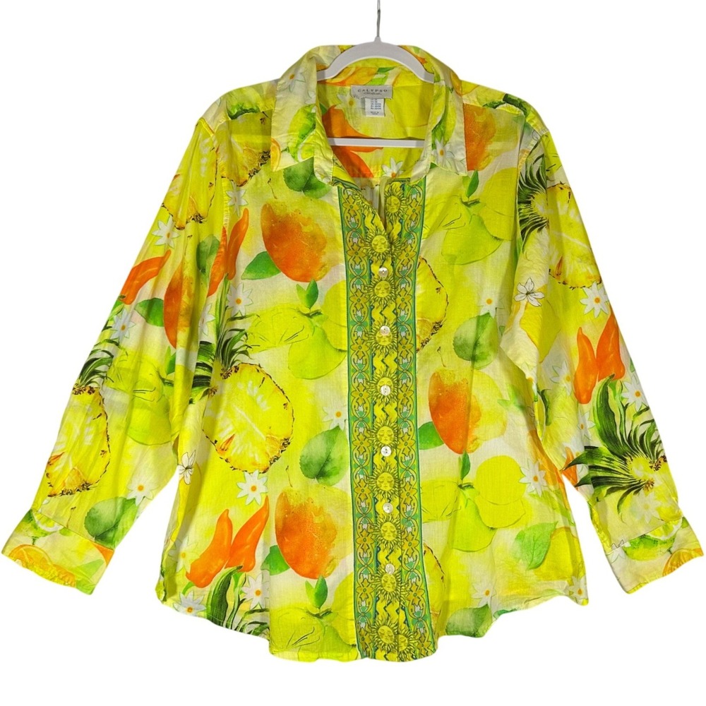 Calypso St. Barth Tropical Citrus Button Down Shirt Sz‎ 2X Lemon Pineapple Fruit